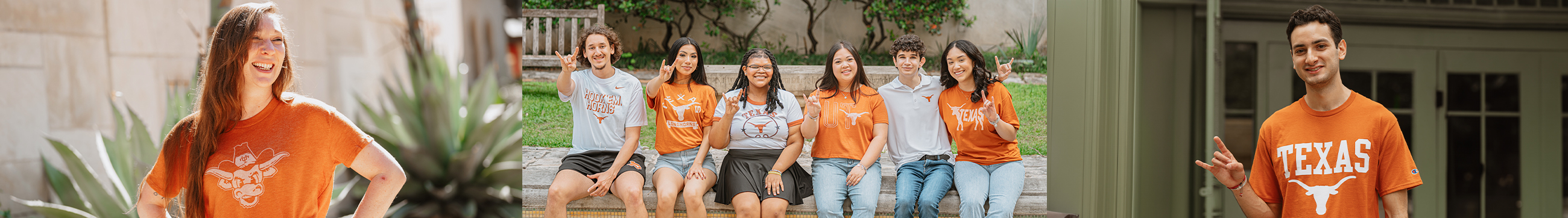 3 photos, each of groups of longhorns around campus wearing longhorn T shirts
